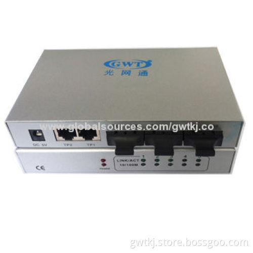 100M fiber media converter with 2 RJ45 ports and 3 SC/LC/ST/FC optical ports, SM 0-120km